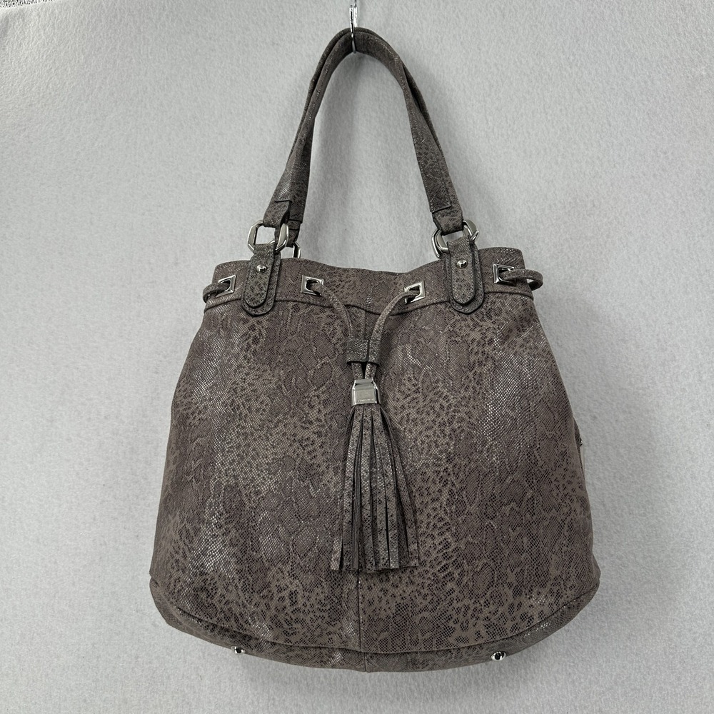 B Makowsky Snake Print Shoulder Bag Grey Tote Purse Silver Hardware Matte Finish